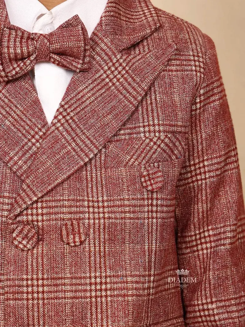 Maroon Cotton Boys Coat Suit Set With Stripes Design 5