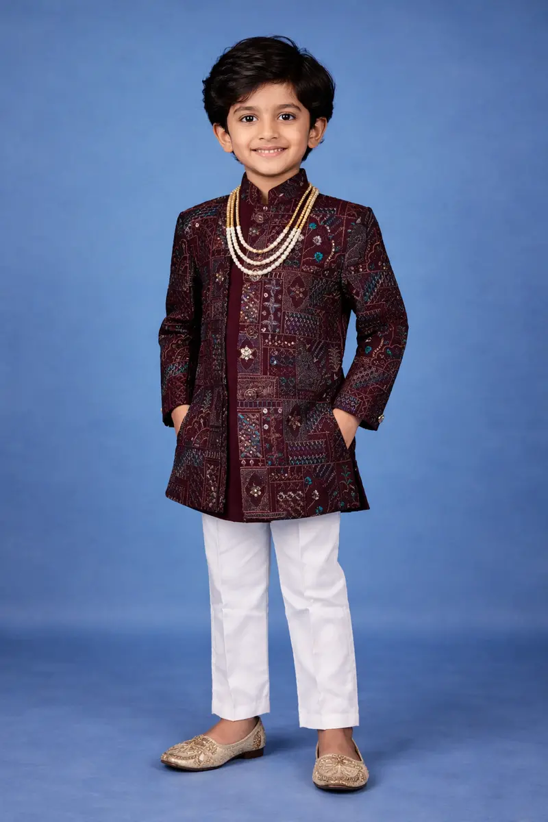 Maroon Cotton Floral Embroidery Sherwani And Pant Set 1