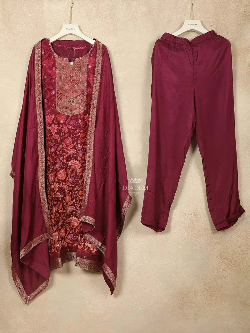 Maroon Crepe Straight Cut Salwar Suit For Women Adorned With Sequins And Flower Design, Paired With Dupatta 1
