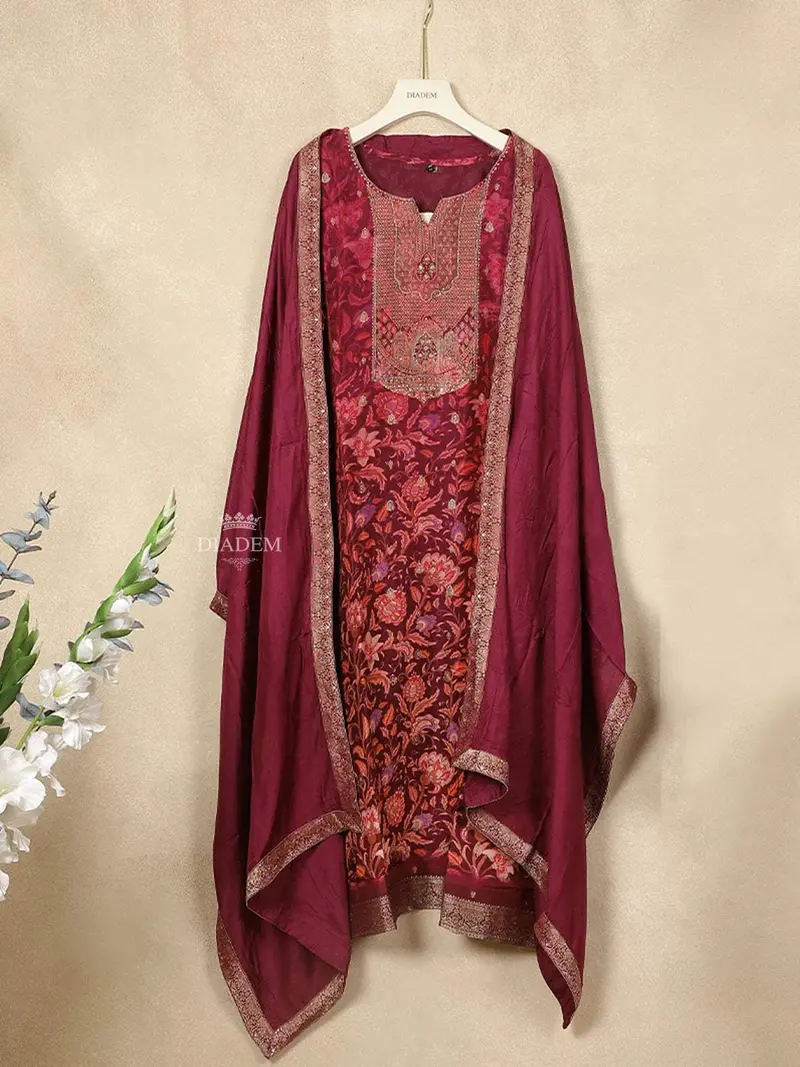 Maroon Crepe Straight Cut Salwar Suit For Women Adorned With Sequins And Flower Design, Paired With Dupatta 2