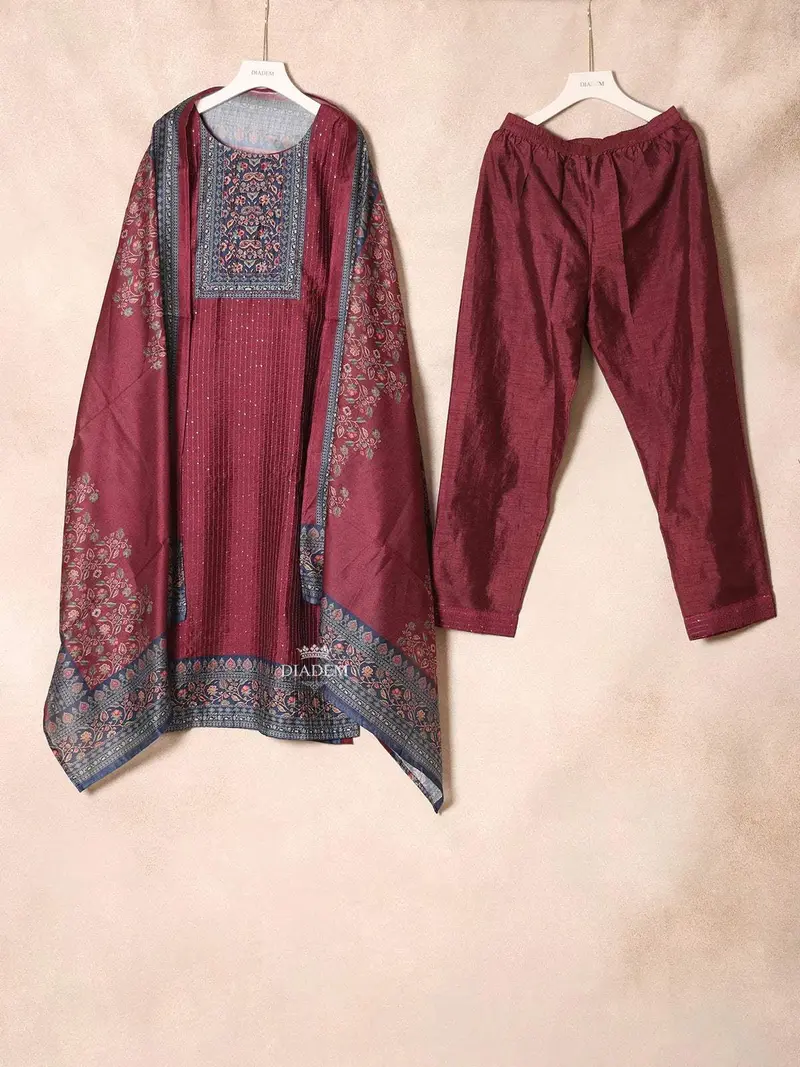Maroon Crepe Straight Cut Salwar Suit For Women With Floral Prints And Zari Design With Dupatta 1