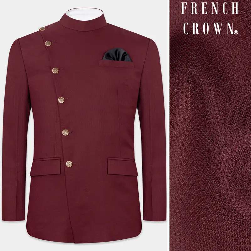 Maroon Dobby Textured Cross Placket Bandhgala Blazer 1