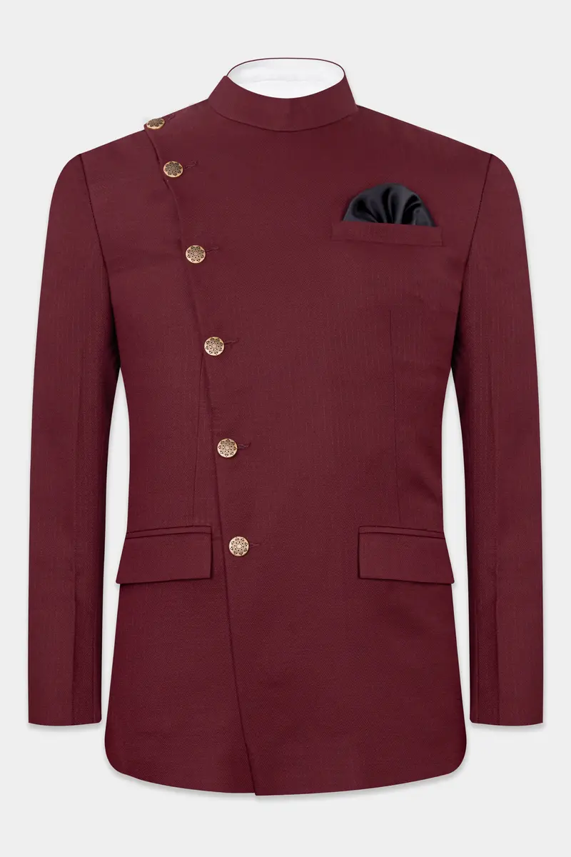 Maroon Dobby Textured Cross Placket Bandhgala Blazer 2
