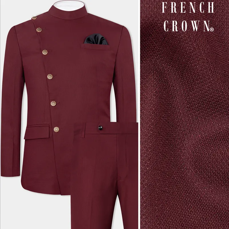 Maroon Dobby Textured Cross Placket Bandhgala Suit 1