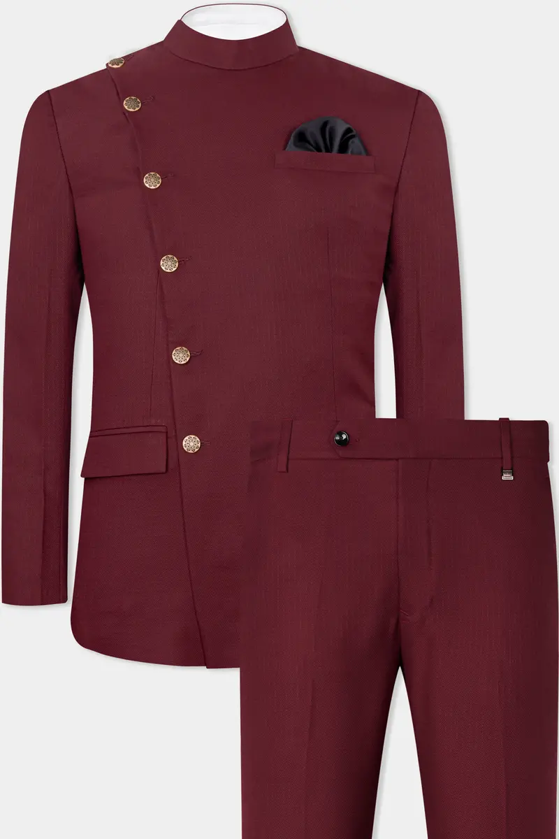 Maroon Dobby Textured Cross Placket Bandhgala Suit 2