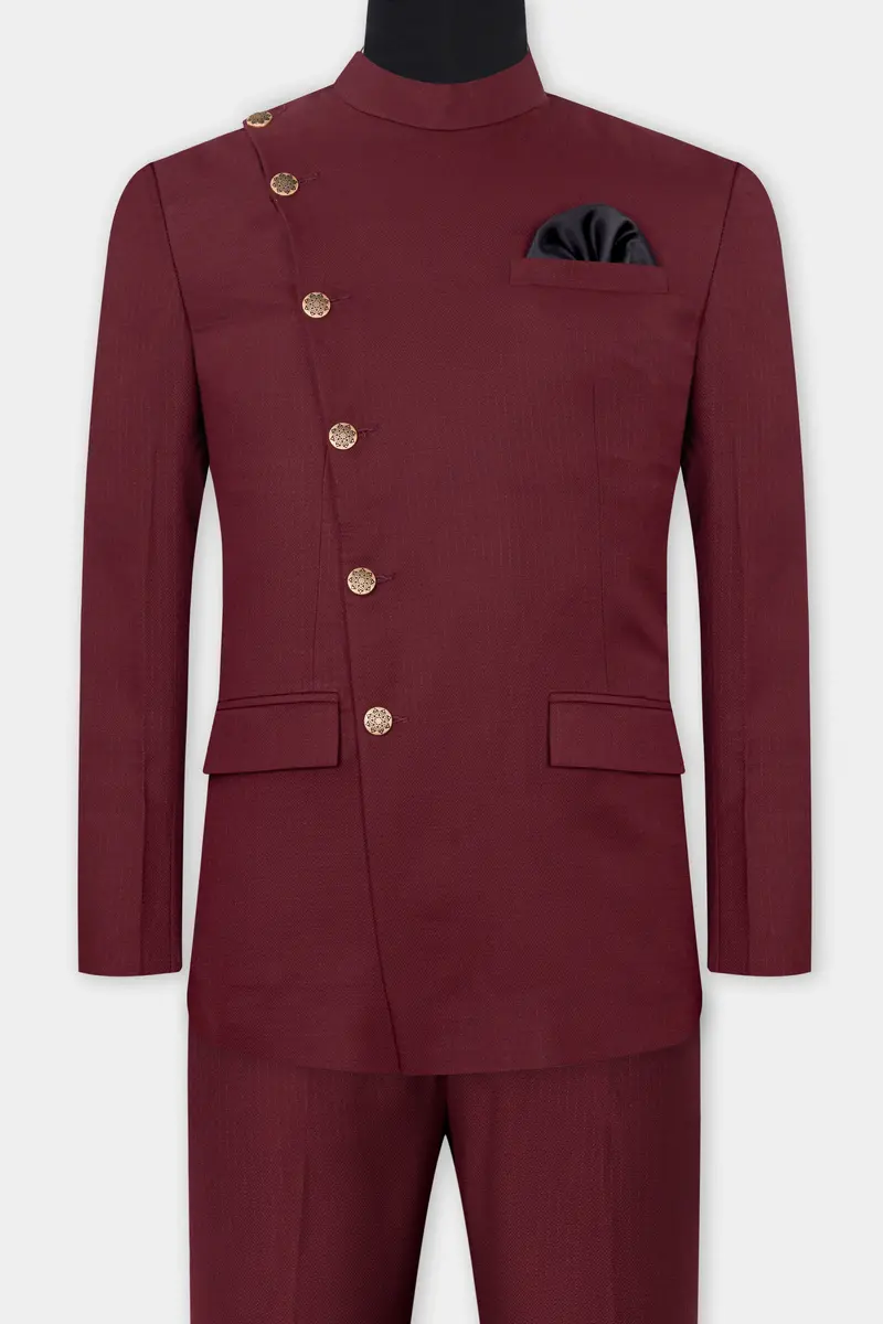 Maroon Dobby Textured Cross Placket Bandhgala Suit 4