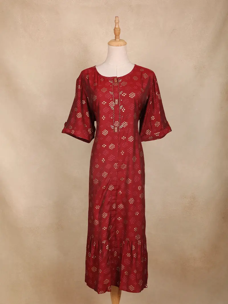 Maroon Dots Design Cotton Kurti 1