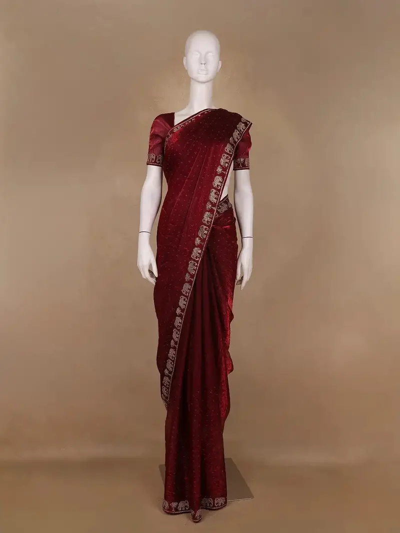 Maroon Elephant Motif Embellished Satin Saree 1