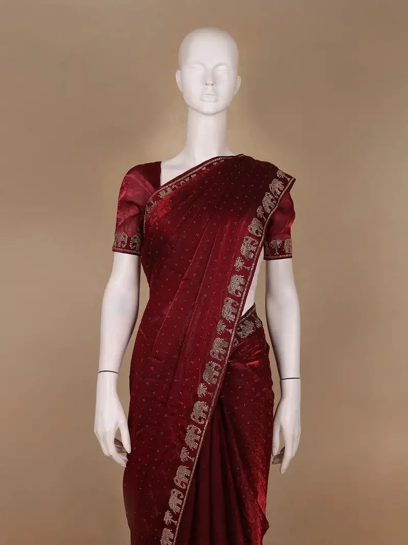 Maroon Elephant Motif Embellished Satin Saree 2