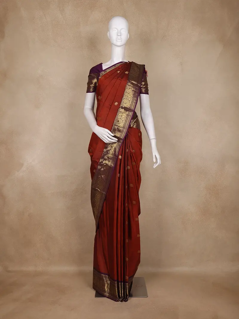 Maroon Elephant Motif Woven Pure Kanchipuram Silk Saree With Contrast Purple Zari Border 1