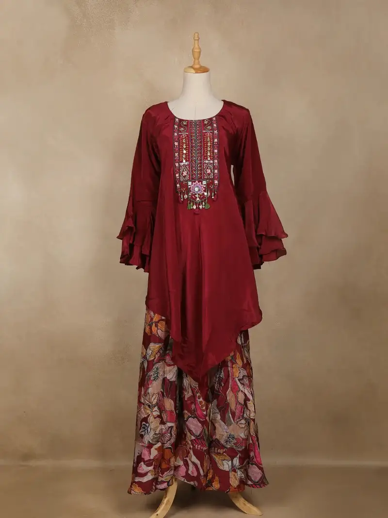 Maroon Embellished Design Crepe Palazzo Salwar Suit 1