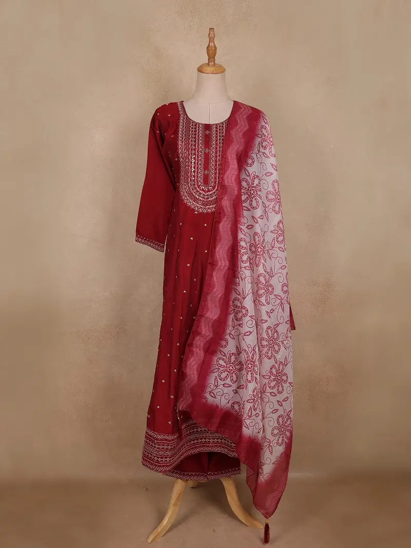 Maroon Embroidered Design Cotton Anarkali Salwar Suit 1