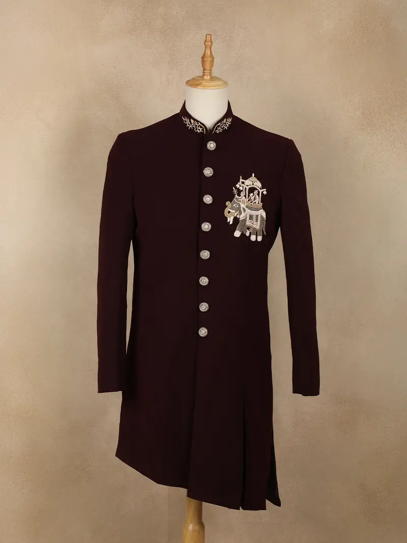 Maroon Embroidered Design Jacquard Indo-Western Sherwani 1