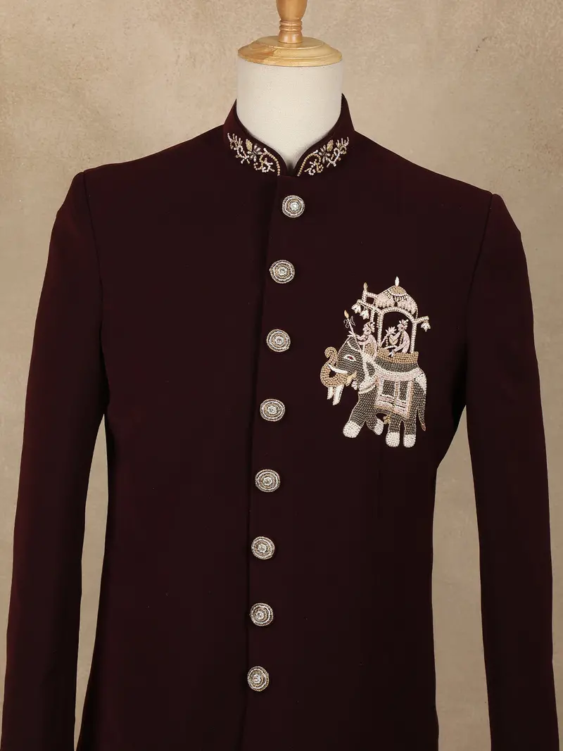 Maroon Embroidered Design Jacquard Indo-Western Sherwani 2