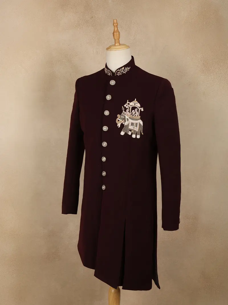 Maroon Embroidered Design Jacquard Indo-Western Sherwani 3
