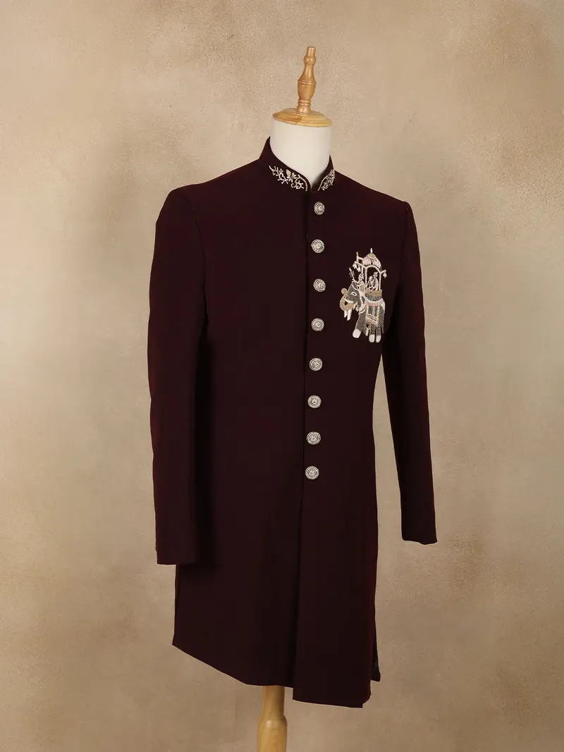 Maroon Embroidered Design Jacquard Indo-Western Sherwani 4