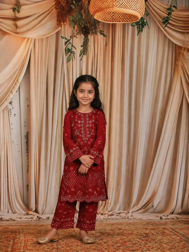 Maroon Floral Beads Embroidered Design Georgette Kids Salwar Suit 1