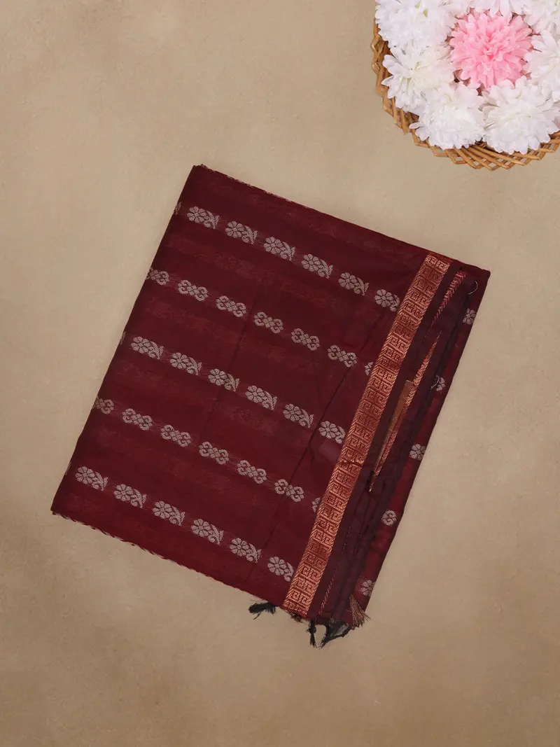 Maroon Floral Butta Design Cotton Saree 1