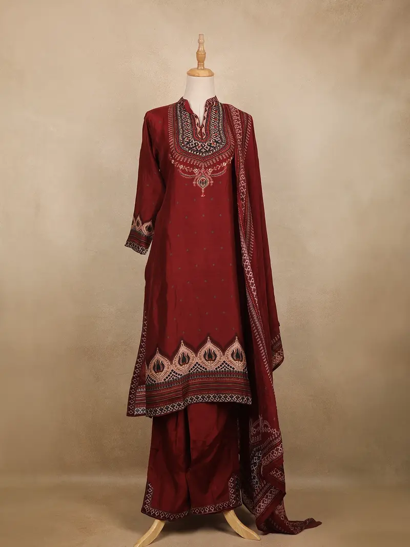 Maroon Floral Butta Design Silk Cotton Salwar Suit 1