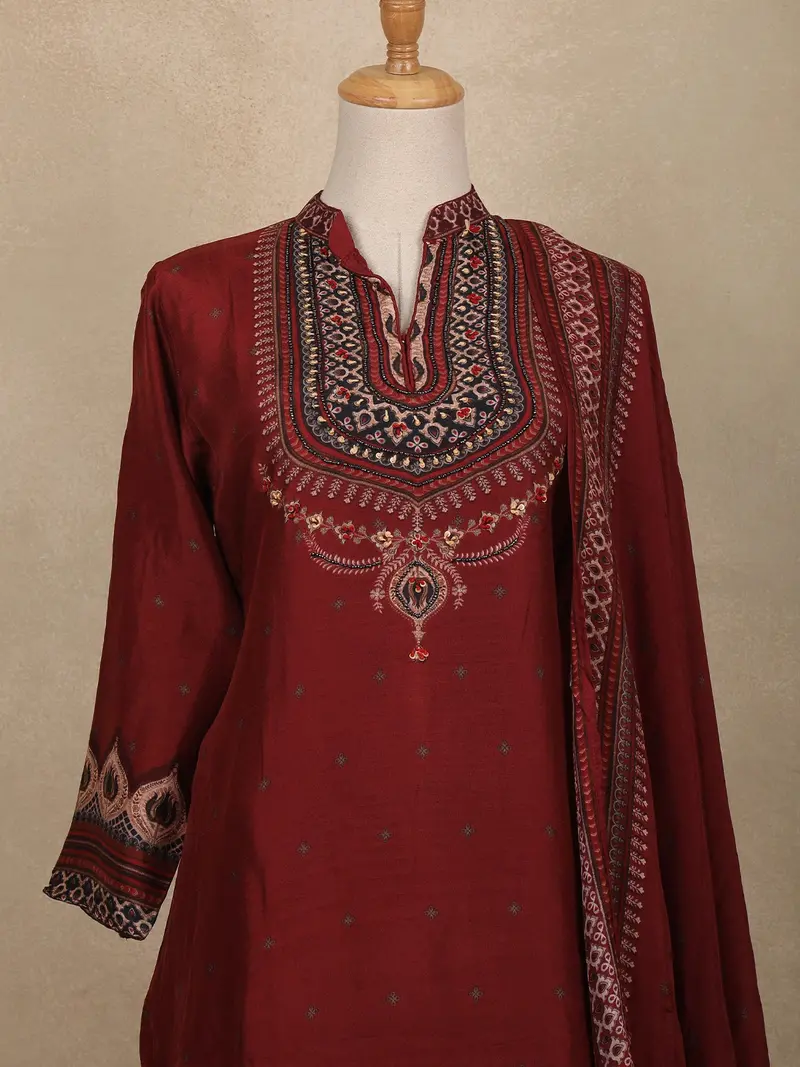 Maroon Floral Butta Design Silk Cotton Salwar Suit 2