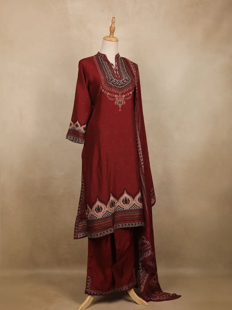 Maroon Floral Butta Design Silk Cotton Salwar Suit 4