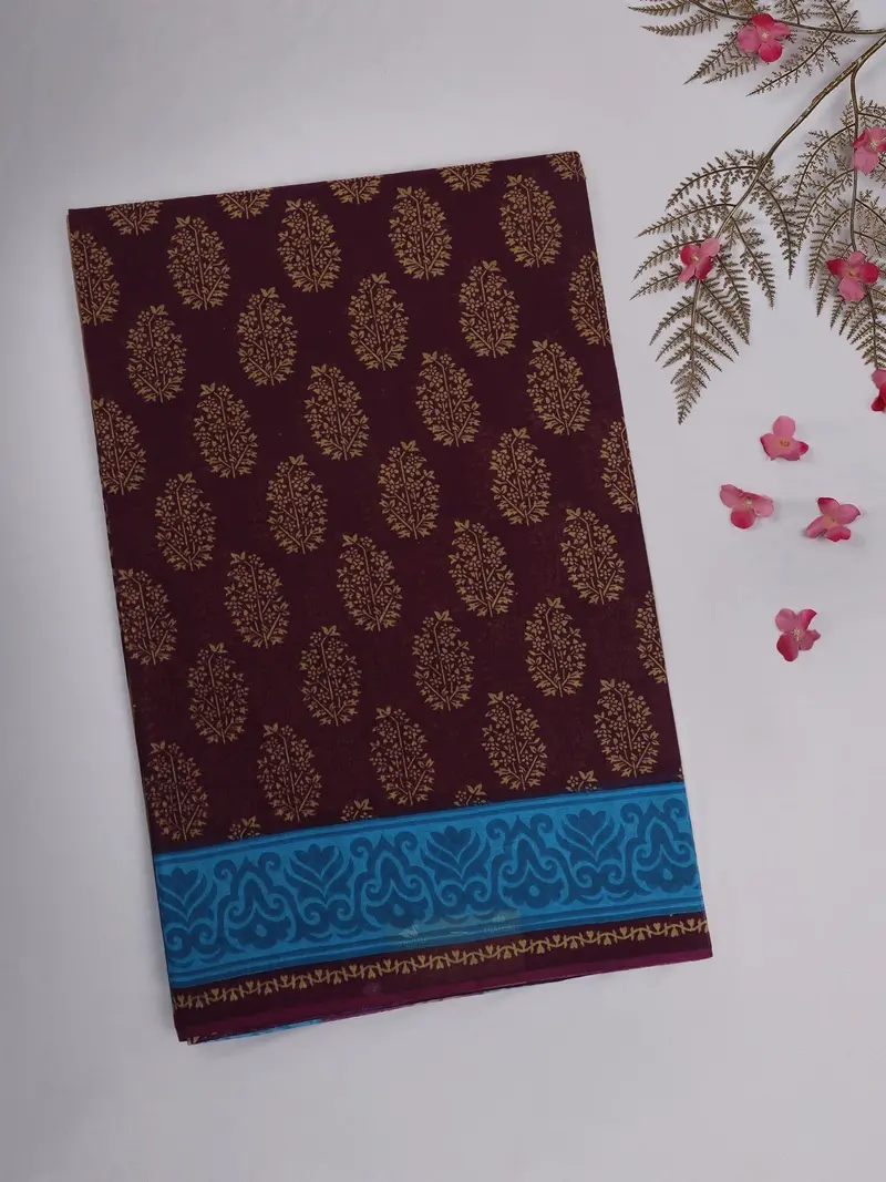 Maroon Floral Butta Printed Karishma Cotton Saree With Contrast Blue Ornamental Border 1