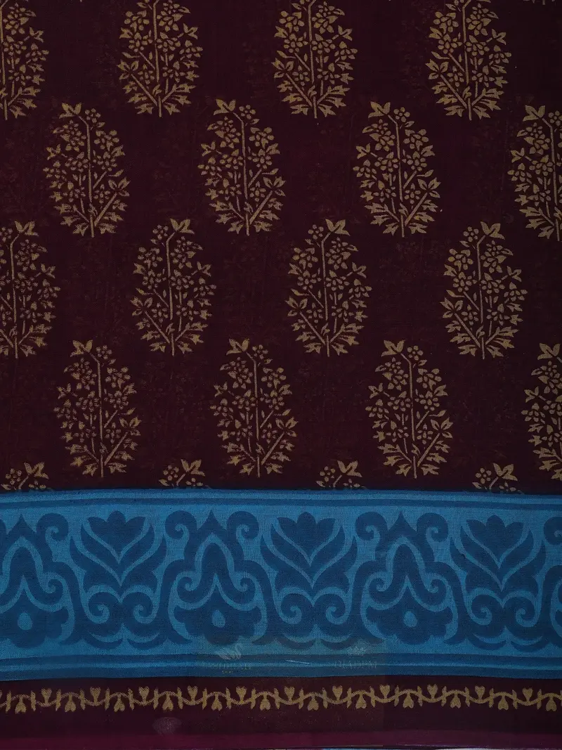 Maroon Floral Butta Printed Karishma Cotton Saree With Contrast Blue Ornamental Border 2