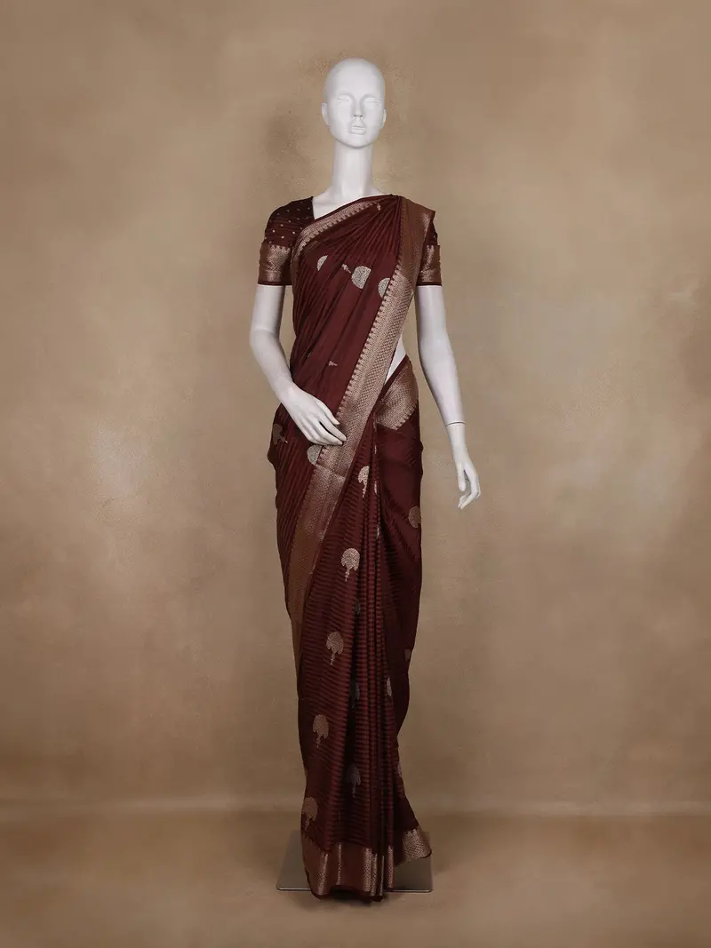 Maroon Floral Butta Woven Design Semi Banarasi Saree With Zari Border 1