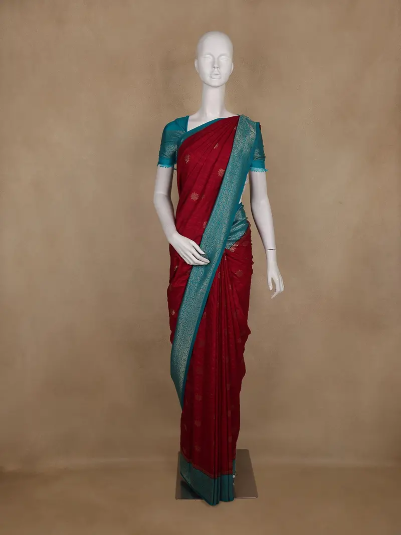 Maroon Floral Butta Woven Semi Banarasi Silk Saree 1