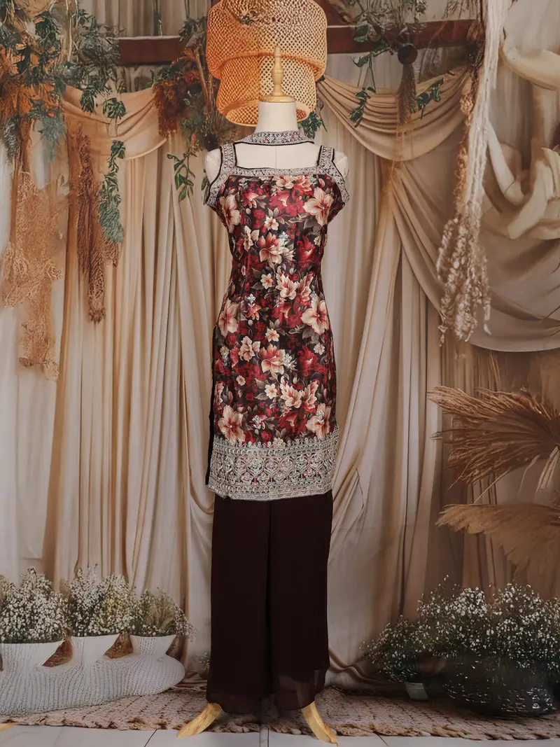 Maroon Floral Design Chiffon Palazzo Suit 1