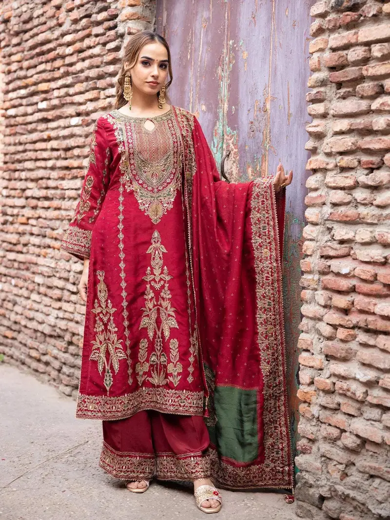 Maroon Floral Design Crepe Palazzo Salwar Suit 1
