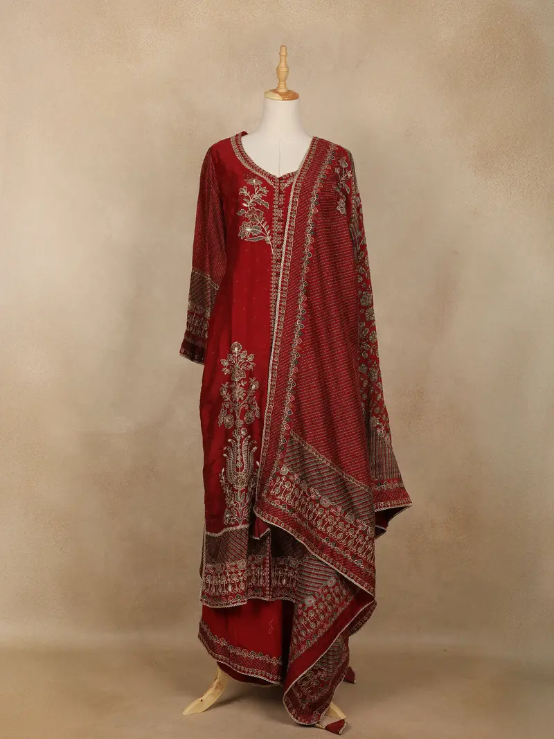 Maroon Floral Design Crepe Palazzo Salwar Suit 1