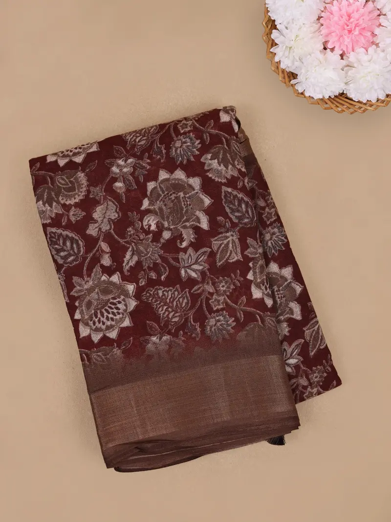 Maroon  Floral  Design Linen Cotton Saree 1
