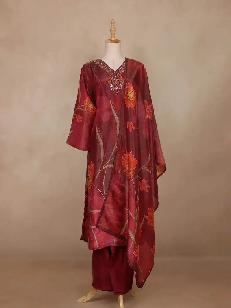 Maroon Floral Design Organza Salwar Suit 1