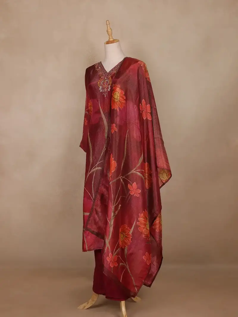 Maroon Floral Design Organza Salwar Suit 2