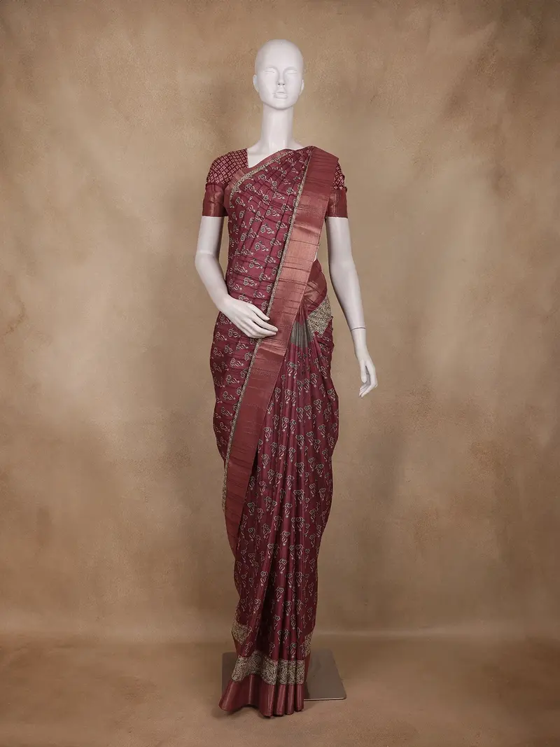 Maroon Floral Design Semi Tussar Saree 1