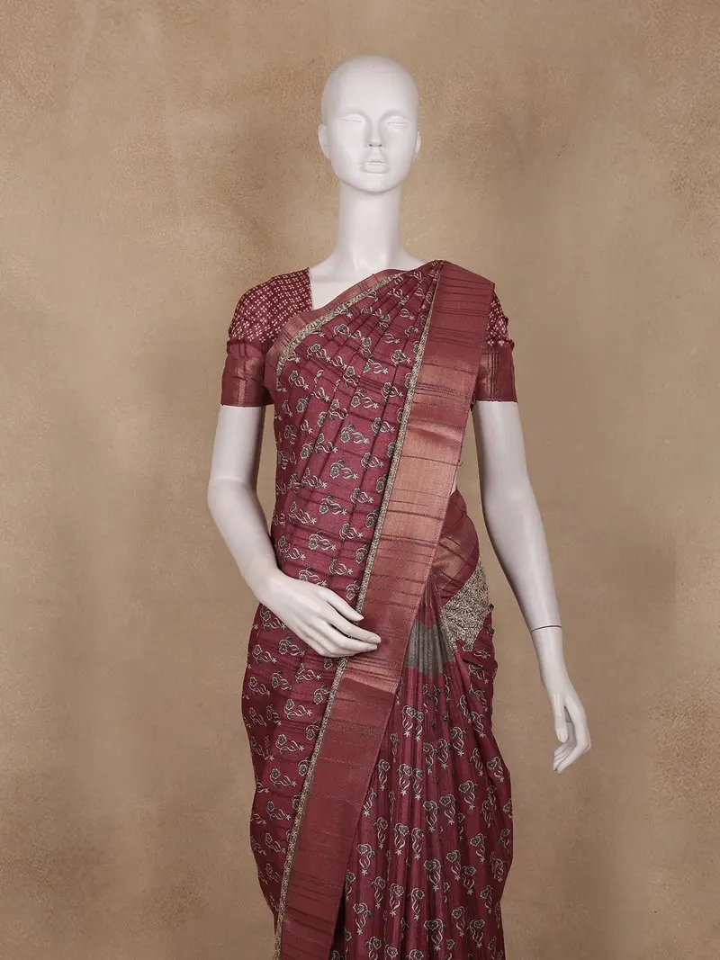 Maroon Floral Design Semi Tussar Saree 2