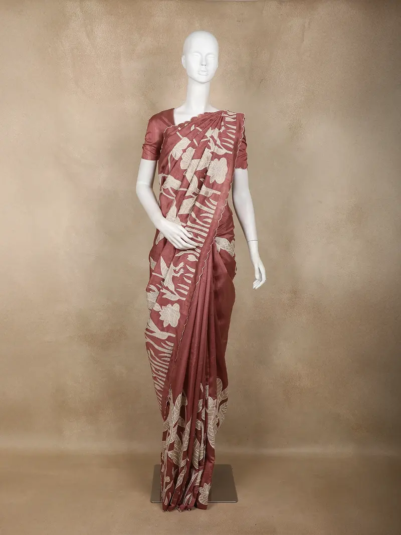 Maroon Floral Design Tussar Saree With Applique Work 1