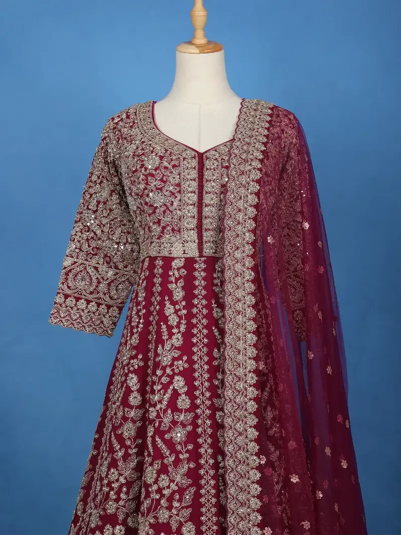 Maroon Floral Designed Anarkali Georgette Gown 2