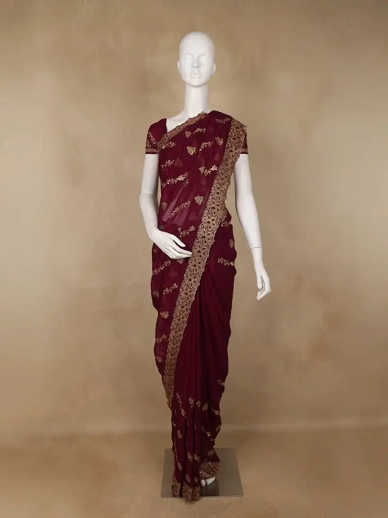 Maroon Floral Embellished Chiffon Saree 1