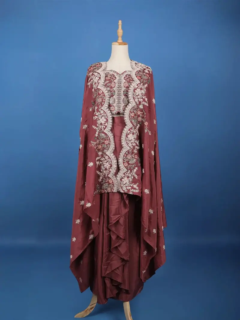 Maroon Floral Embroidered Cape Style Draped Satin Skirt Top 1