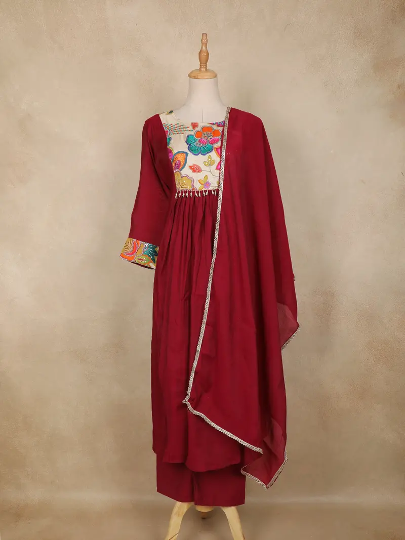 Maroon Floral Embroidered Cotton Anarkali Suit With Dupatta 1