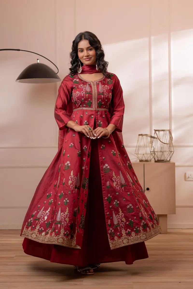 Maroon Floral Embroidered Cotton Blend Lehenga With Dupatta 1