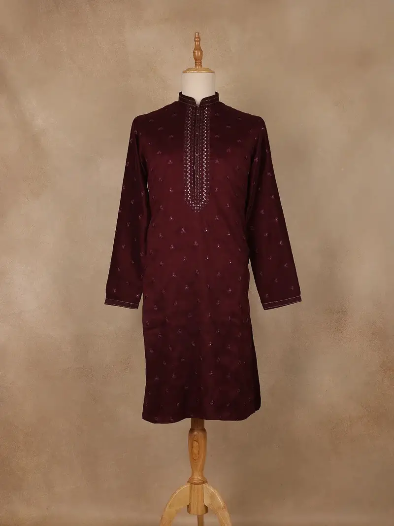 Maroon Floral Embroidered Cotton Kurta For Men 1