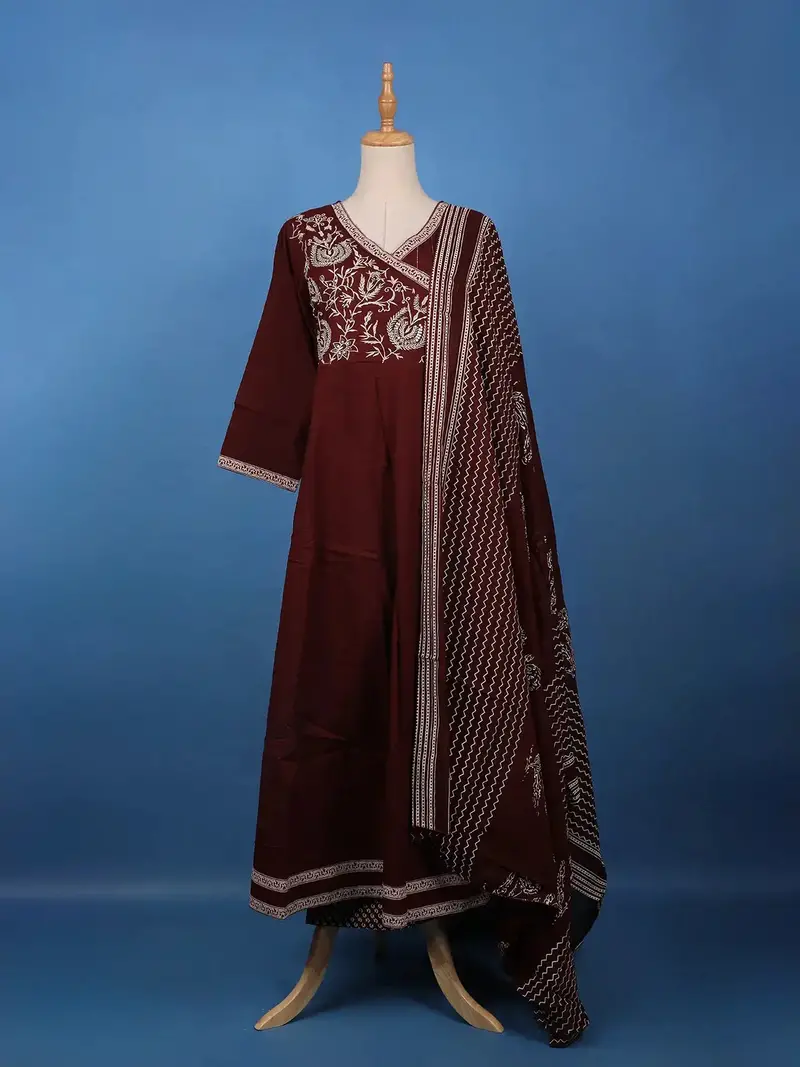 Maroon Floral Embroidered Cotton Salwar Suit 1