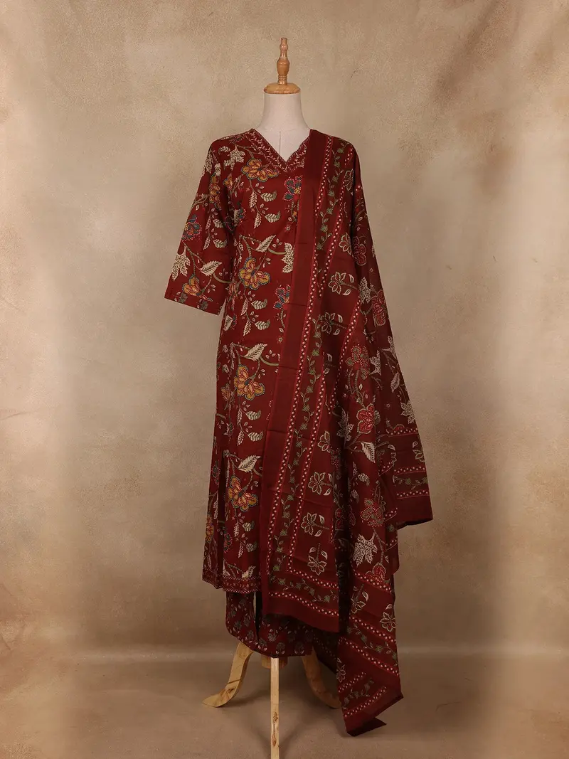 Maroon Floral Embroidered Cotton Salwar Suit With Dupatta 1