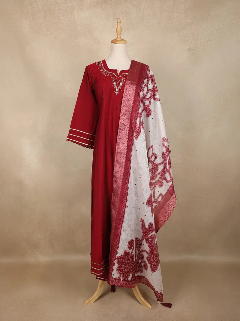Maroon Floral Embroidered Cotton Salwar Suit With Dupatta 1