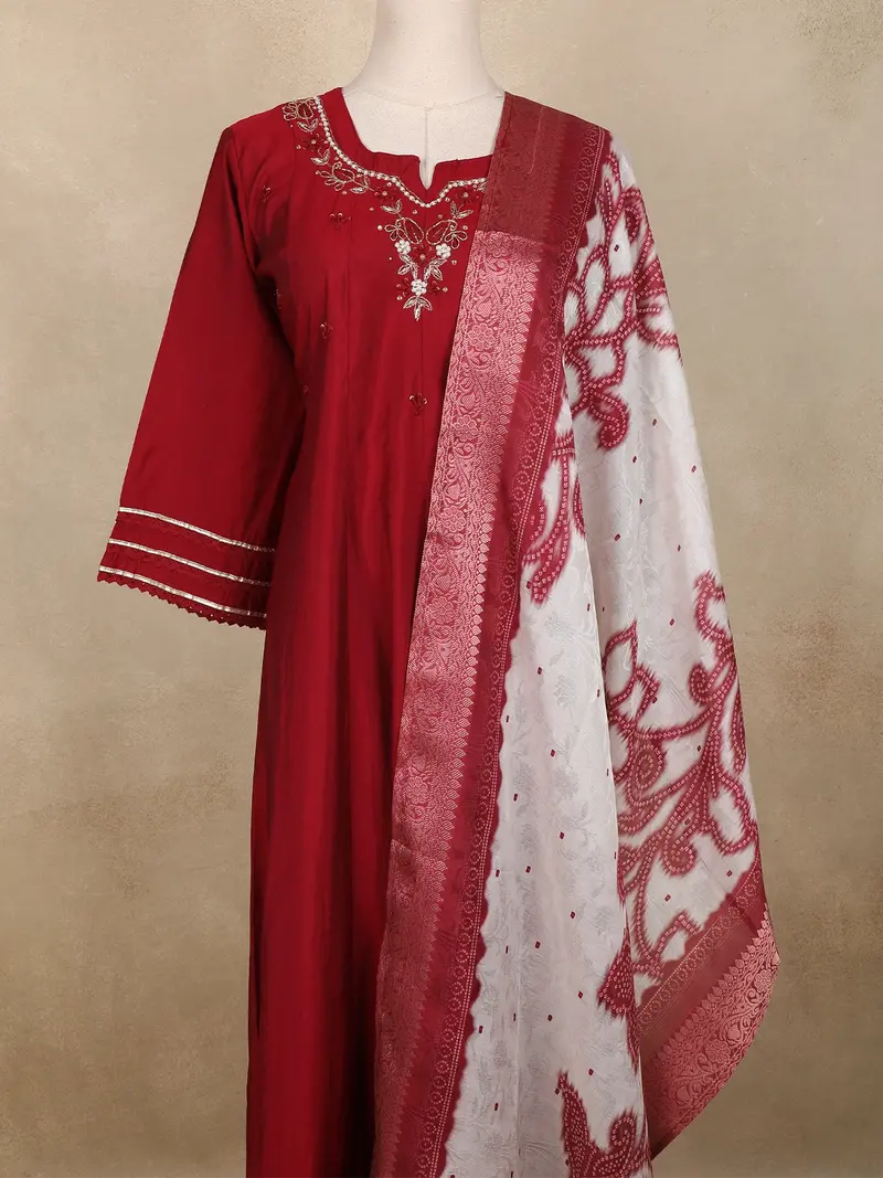 Maroon Floral Embroidered Cotton Salwar Suit With Dupatta 2