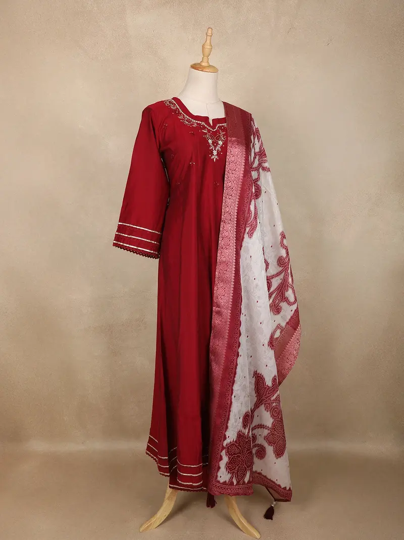 Maroon Floral Embroidered Cotton Salwar Suit With Dupatta 4