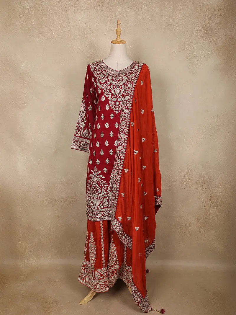 Maroon Floral Embroidered Crepe Palazzo Suit With Dupatta 1
